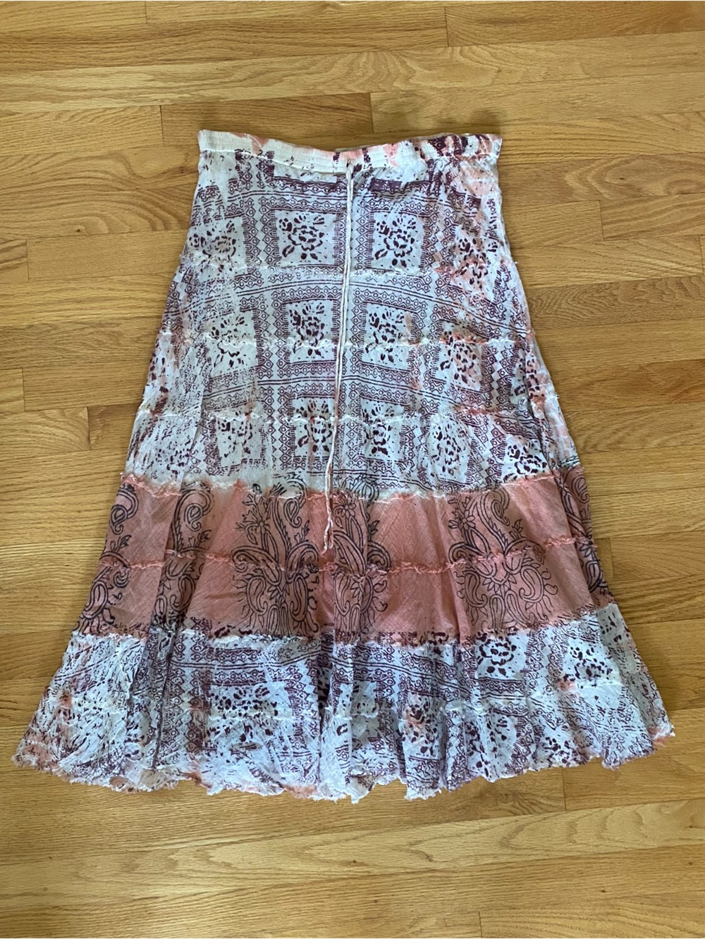 Boho Patchwork Midi Skirt in Blush Pink and White